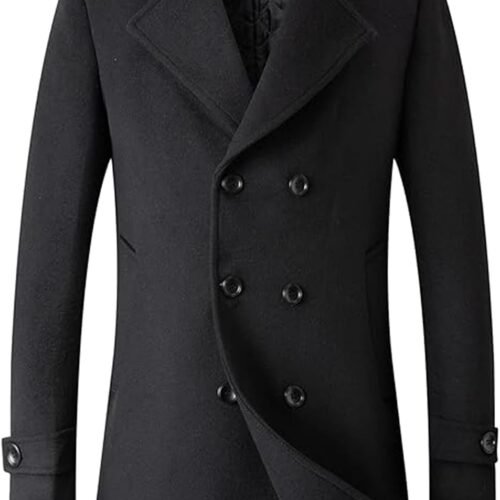 Wool Blend Slim Fit Pea Coat with Quilted Lining