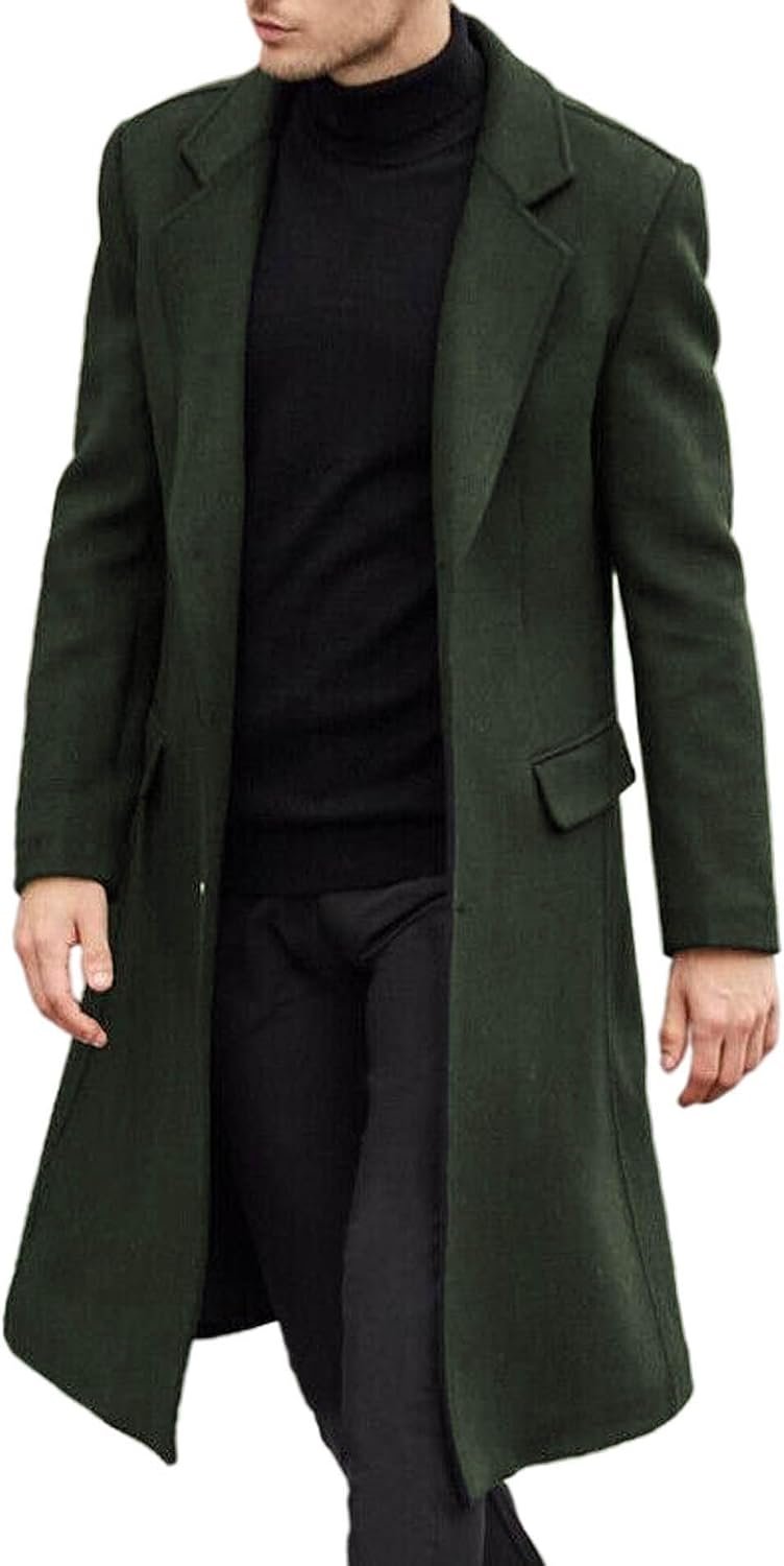 Polyester Blend Long Trench Coat with Notched Collar
