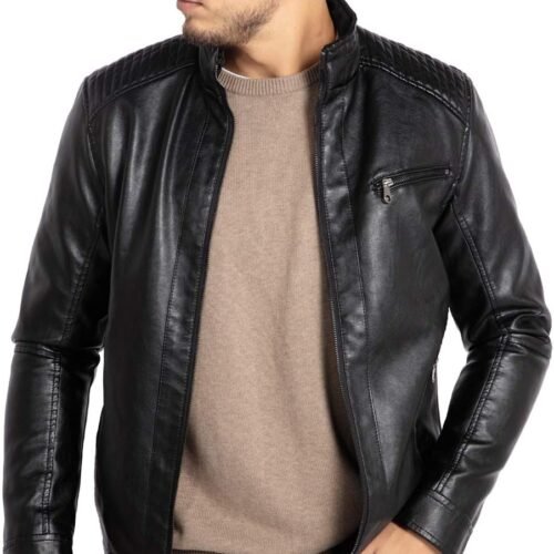 Faux Leather Motorcycle Jacket with Multi Pockets