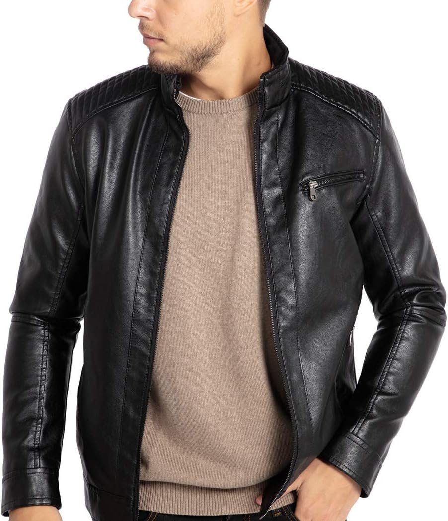 Faux Leather Motorcycle Jacket with Multi Pockets