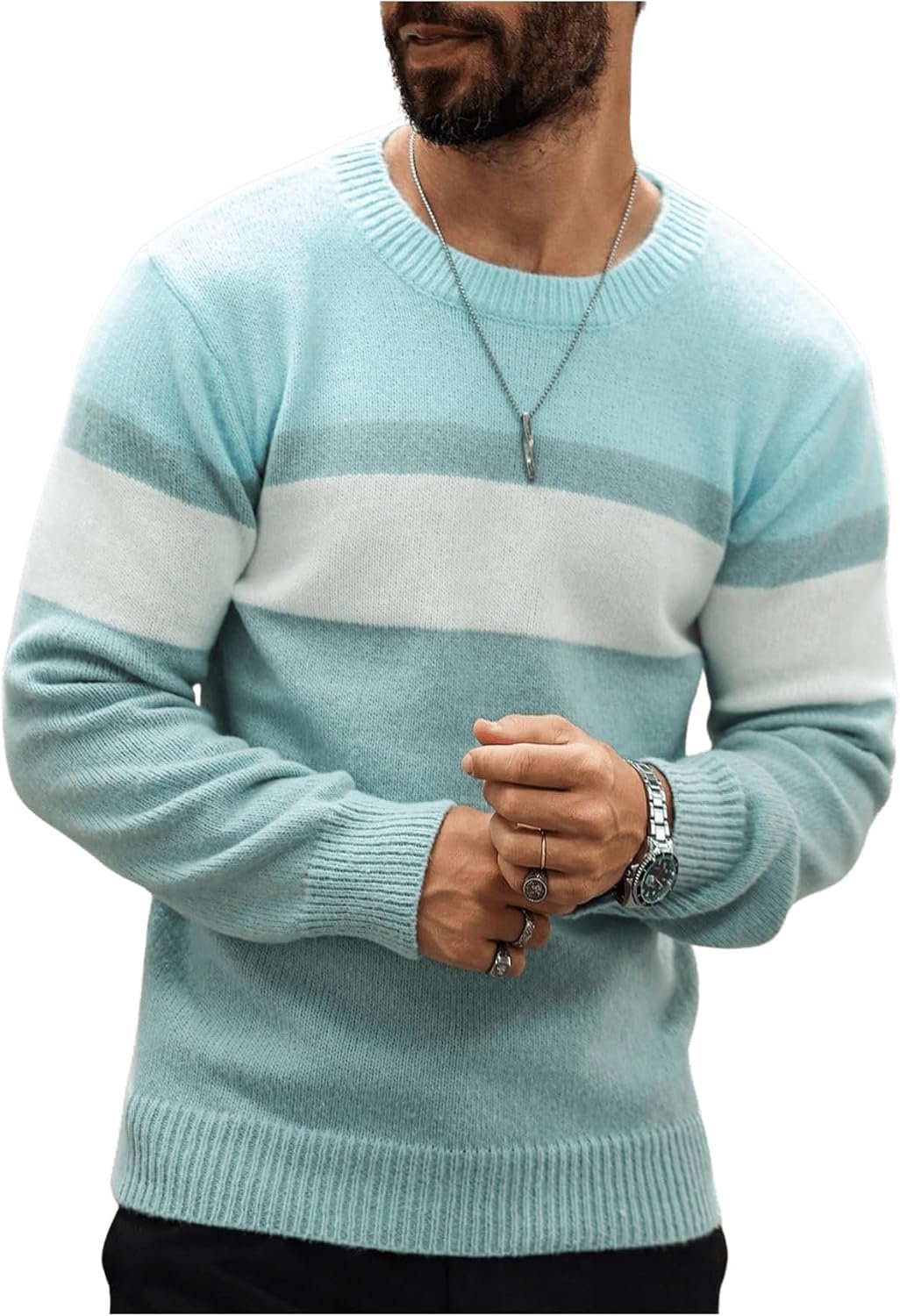Striped Round Neck Pullover Sweater for Men