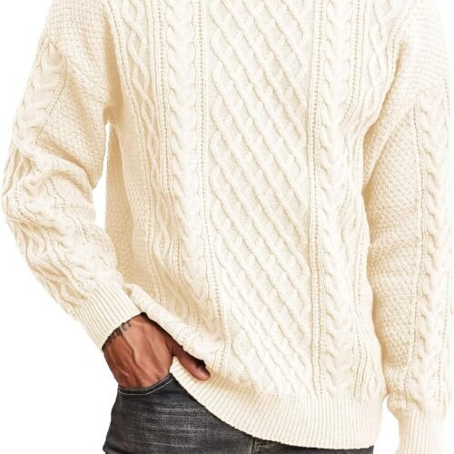 Drop Shoulder Fisherman Knit Crew Neck Sweater