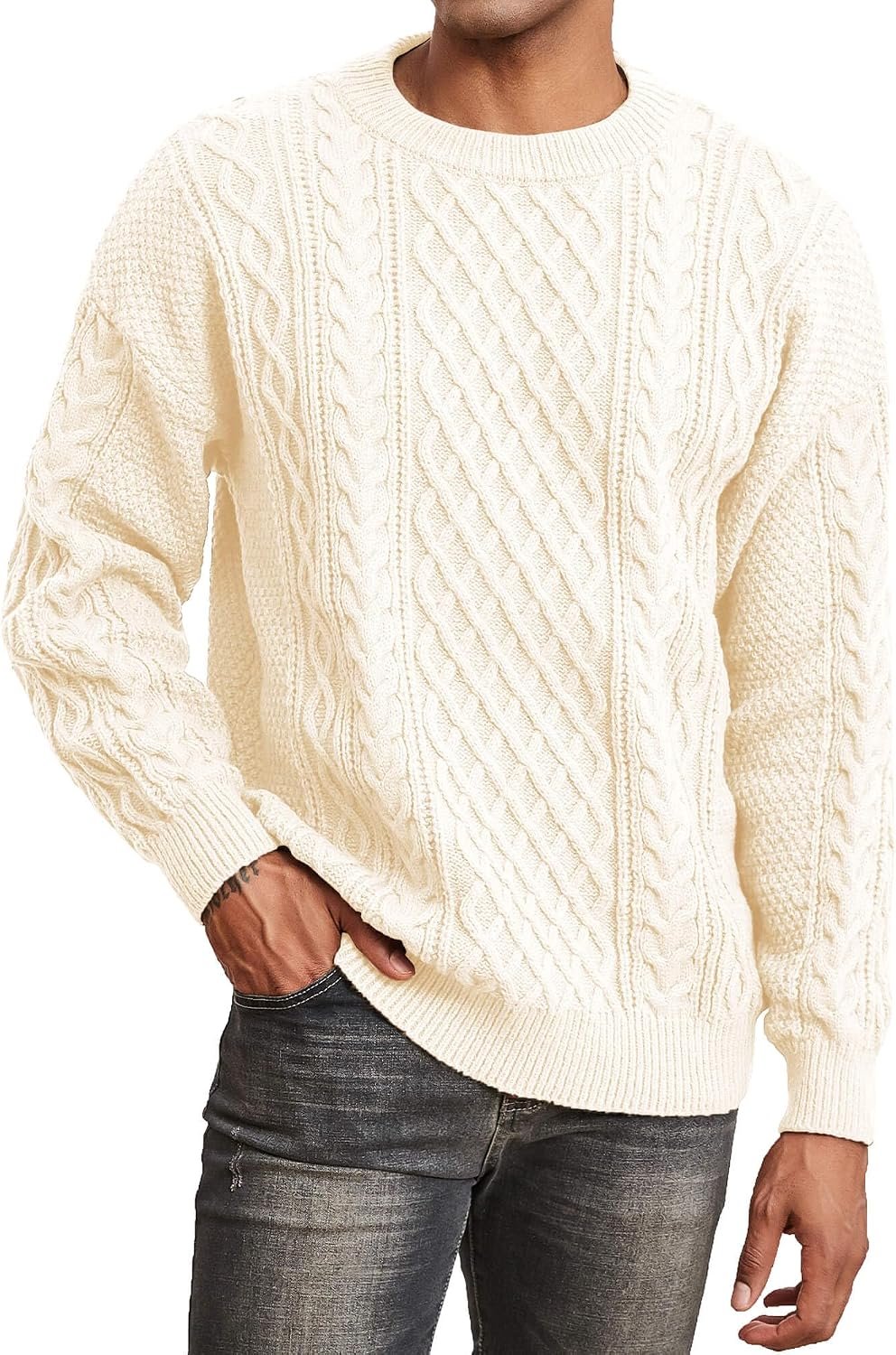 Drop Shoulder Fisherman Knit Crew Neck Sweater